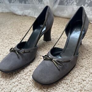Stuart Weitzman Women's Gray Suede D'Orsay Bow Heels Pumps Shoes